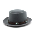 Vintage grey wool pork pie hat with brown leather band and turquoise stone accent - M (56-58cm) / Gray