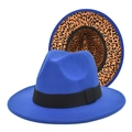 Detail of royal blue wool fedora hat featuring leopard print lining and black ribbon - M (56-58cm) / Sapphire Blue