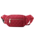Burgundy diamond quilted waist bag with adjustable strap and metal zippers - Red