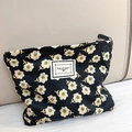 Floral corduroy makeup bag in black with white flowers and zipper closure - Large / Black Small Flower