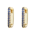 Golden U-shaped huggie earrings with three rows of deep blue cubic zirconia stones - Gold-Dark Blue Rhinestone