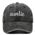 Vintage gewaschene schwarze Baseballkappe mit weißem Auntie-Schriftzug auf der Front - Verstellbar / Tante / Schwarz