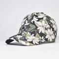 Detail of floral baseball cap with white petals and green leaves on dark fabric - Style 04 / Black with White Flowers and Green Leaves