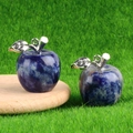 Mini apple pendant crafted from blue natural sodalite stone with silver metal leaf - Blue Sodalite