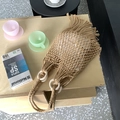 Light khaki macrame woven tote bag with white ring handles and bohemian tassels - Khaki (with inner bag)
