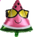 Watermelon shaped foil balloon featuring a pink face with yellow sunglasses for party - Watermelon with Sunglasses