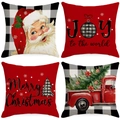 Set of 4 Christmas pillow covers with red buffalo plaid, Santa, and vintage truck patterns - Classic Red Black Buffalo Plaid Set