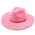 Detail eines rosa Fedora-Huts mit breiter Krempe, braunem Flechtband und Veloursoptik - M(56-59CM) / Rosarot (Wildleder)
