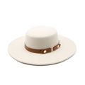 Classic cream flat-top wool felt boater hat with a brown leather buckle strap detail - M(56-58cm) / Beige