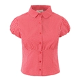Detail of red polka dot puff sleeves and lapel collar on women's button-up shirt - S / Red