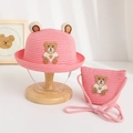 Detail of pink straw hat with bear ears and matching crossbody bag for children - 48-52cm / Straw Hat And Bag Set / Deep Pink