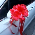 Large red wedding ribbon flower ball decoration with gold lettering for car mirrors - Bright Red with Xi Character and Wedding Letters