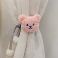 Pink plush bear curtain tieback with grey braided rope and white pearl bead accents - Grey Rope Pink Bear
