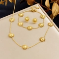Golden sunburst necklace bracelet and earrings jewelry set displayed on a beige tray - 3-Piece Set (Necklace+Bracelet+Earrings)(N3917 B1892)