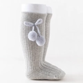 Gray knit knee high baby socks featuring side bows and decorative fluffy pom-poms - Gray