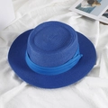 Deep blue woven straw boater hat with matching ribbon on a clean white background - M (56-58cm) / Blue