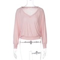 Detail of light pink sheer mesh top showing V-neck, long batwing sleeves and elastic waist - XS / Long Sleeve / Pink