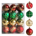 Pack de 12 bolas de Navidad rojo verde y dorado con renos brillantes y espirales - 6cm/Juego de 24 / Rojo Verde Dorado