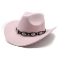 Pink western felt cowboy hat featuring black leather band and silver metal ornaments - M(56-58cm) / Pink