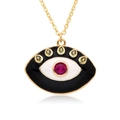 Macro detail of Evil Eye pendant with green teardrop stones and red center gemstone - Enamel Eyelash Evil Eye Style (F195)
