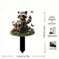 Cute raccoon in daisy flower cart garden stake, waterproof acrylic 16x9.5cm decor - No.35 (0.2cm Thickness)