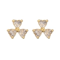 Detail of gold-plated clover earrings featuring three heart-shaped faceted crystals - Gold 3-Heart Flower/Clear Zirconia