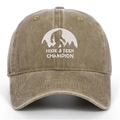 Detailed white embroidery of Hide & Seek Champion bigfoot on washed brown baseball cap - One Size / Khaki