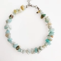 Detailed macro shot of irregular natural stone beads on a bracelet with silver metal clasp - Amazonite