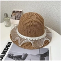 Khaki straw sun hat featuring white lace ruffles and elegant pearl bead trim for women - M / Pearl Lace Small Bucket Hat-Khaki