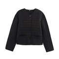 Women's black quilted round neck jacket with buttons and front pockets in a minimalist style - S / Black
