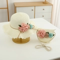 Close-up of beige straw sun hat and matching bag set with floral lace and 3D fabric flowers - Milk White Hat + Bag