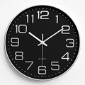 Modern 12-inch round wall clock with black dial, white numbers and silver metal frame - Silver Frame Black Dial Silver Letters