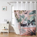 Detailed close-up of a floral cat print shower curtain in a modern bathroom setting - 181x188cm Single Shower Curtain / SYL-2 Cats in Bathtub