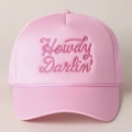 Close-up of pink trucker hat with Howdy Darlin' embroidery and breathable mesh detail - One Size / Pink