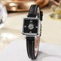 Montre carrée élégante pour femme avec cadran floral noir et bracelet cuir à surpiqûre - Bracelet Noir Boîtier Argent Cadran Noir
