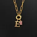 14K gold plated stainless steel initial E necklace with rectangular pink stone pendant charm - Letter E