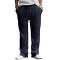 Detail of dark grey vertical striped fabric and drawstring waist on men's relaxed trousers - Navy Blue