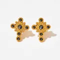 Vintage gold cross earrings with black round zircon stones in a retro bohemian style - Gold with Black Zirconia (KDE1132)