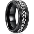 Détail de la bague rotative noire mate avec chaîne argentée et bords crantés - US 6 / Bague Noire Chaîne Argentée