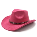 Detail of rose pink faux suede cowboy hat with studded leather band and white stitching - M(56-58cm) / Rose Red