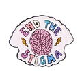 Pink brain enamel pin with 'End the Stigma' text and colorful letter design - Brain Lightning-End The Stigma