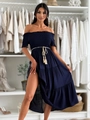 Detail of off-shoulder navy dress with smocked bodice and woven tassel tie belt - S / Dresses / Navy Blue