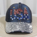 Close-up of USA rhinestone letters and silver metal studs on dark blue denim baseball cap - No.24/Dark Blue Denim/USA Rivets