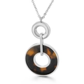 Moderne ketting met zilveren metalen ring en grote hanger van schildpadhars - Schildpad Dubbele Ring Stijl (KP44846-K)