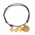 Handwoven dark brown cord multi-strand bracelet with Hamsa and Cross gold charms - Coffee