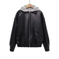Giacca da donna in ecopelle nera con cappuccio in maglia grigia e taglio comodo - XS / Nero