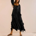 Elegant black bohemian maxi dress with U-neck, ruffle details and layered slit hem - S / Black