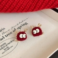 Christmas themed red velvet stud earrings with golden antlers and cartoon eyes design - 79# Silver Needle - Red - Dragon Shape