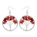 Detailed wire-wrapped tree of life earrings with red natural crystal stone chips - 3.5cm / Silver + Red Coral