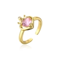 Macro shot of crown detail and pink heart zirconia on gold adjustable ring - Adjustable Open / Pink (11697)